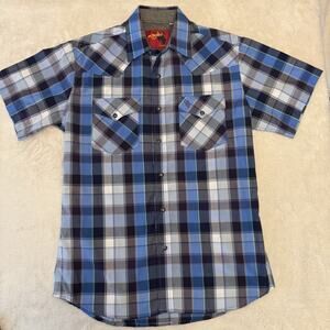 Rodeo Clothing blue plaid short-sleeve western shirt.